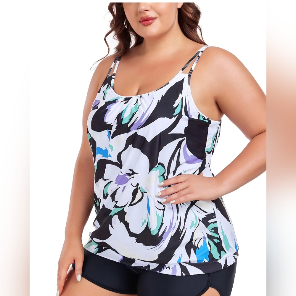 ***SOLD***Plus Size Tankini Long Torso Top Only Loose Fit Blouson Tankini Top 3x